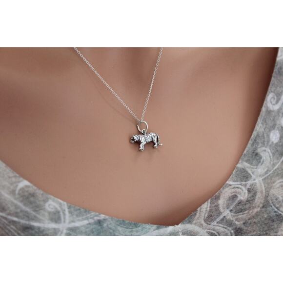 Sterling Silver Tiger Charm Necklace, Sterling Silver Oxidized Tiger Necklace - Picture 5 of 6